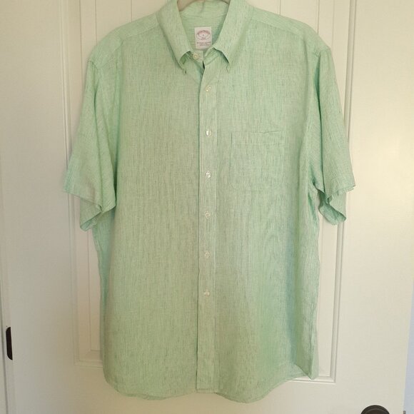 Brooks Brothers Linen Short Sleeve Button Down Shirt Green Stripe Size L - Picture 10 of 10